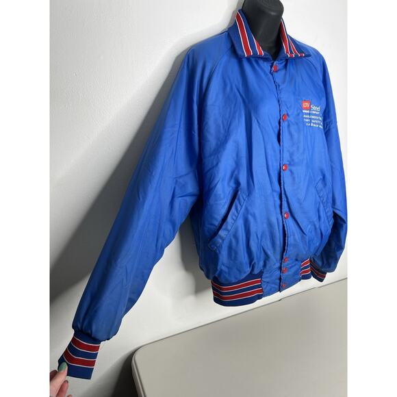 Vtg Blue Holloway Satin Snap Up Bomber Jacket Made In USA Steel Mining Size Med - Picture 2 of 16